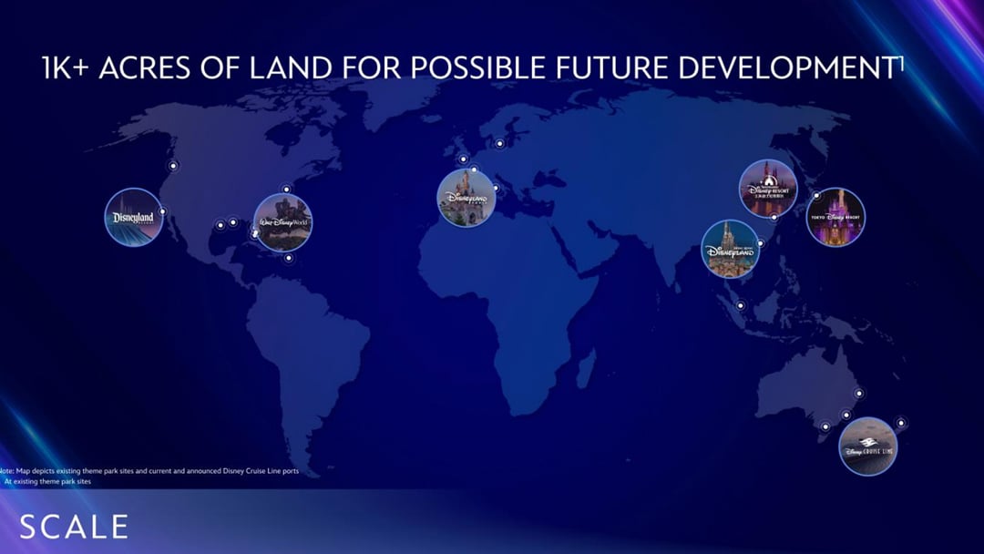 Map showing locations of Disney theme parks and cruise line ports around the world.