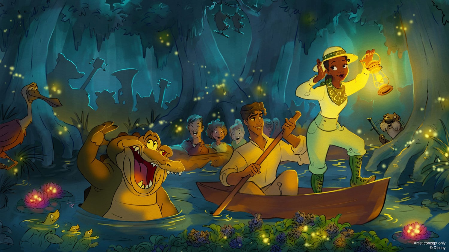 interior of tiana's bayou adventure, tiana holds a lamp while standing on boat in creek