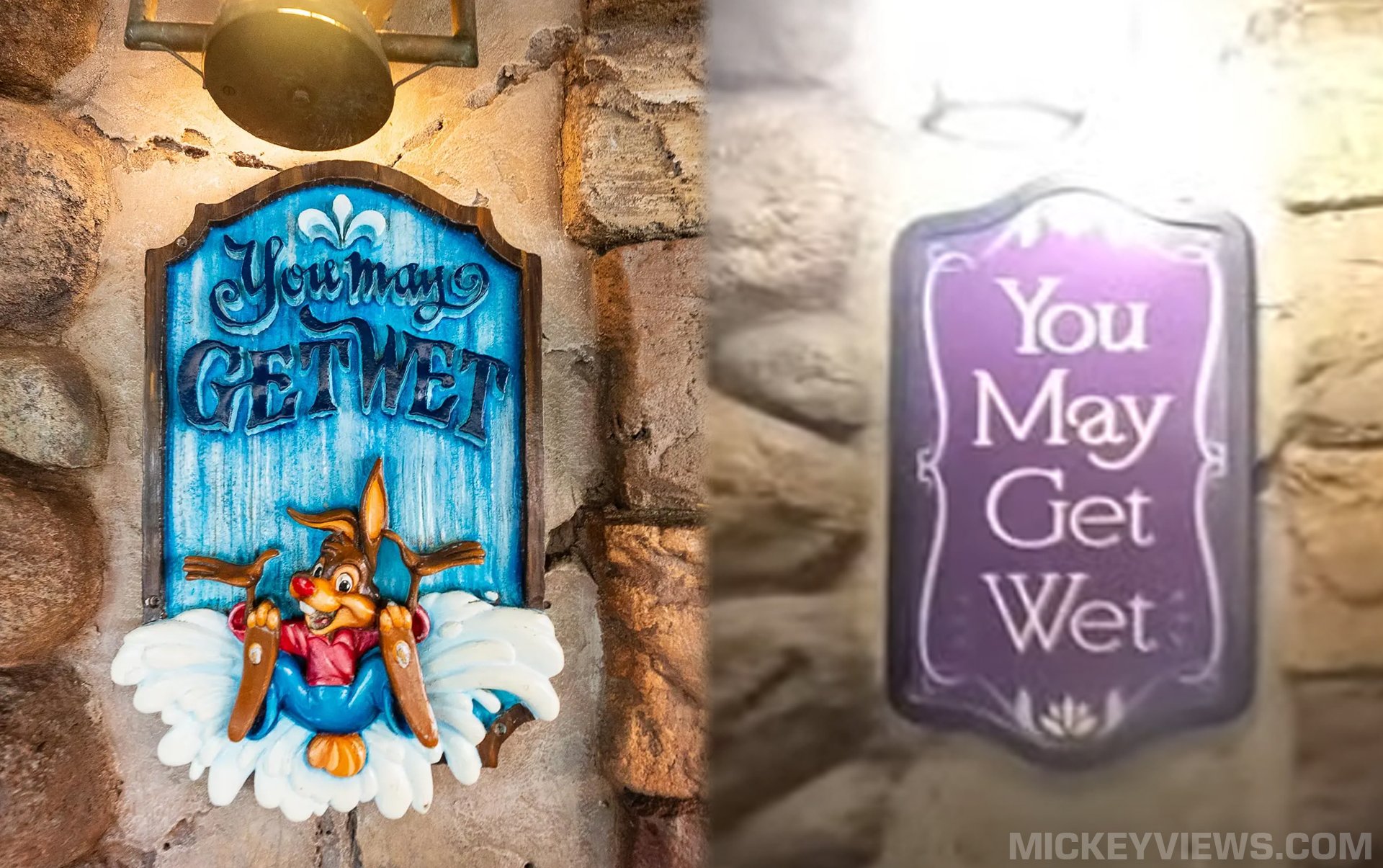 Signs from Splash Mountain and Tiana's Bayou Adventure reading "You May Get Wet."