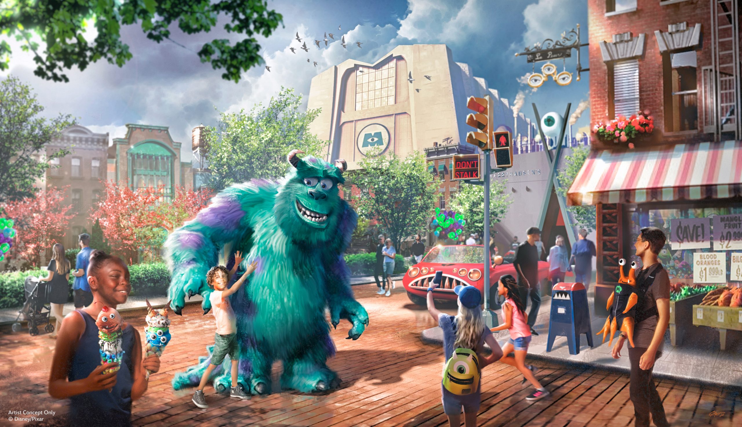 Sully greets guests in a piece of concept art for the upcoming Monsters Inc-themed land.