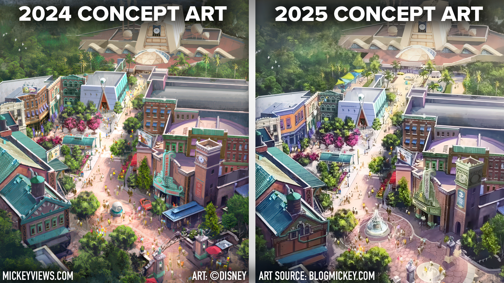 A split-screen image shows a birds-eye view of the upcoming Monsters, Inc Land, comparing the changes between the two, which are described in text further down this article.
