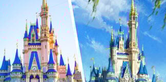 Rose Gold existing Cinderella Castle pictured on left panel of photo montage. Concept art for a more classic color scheme of grays and blues on right panel.