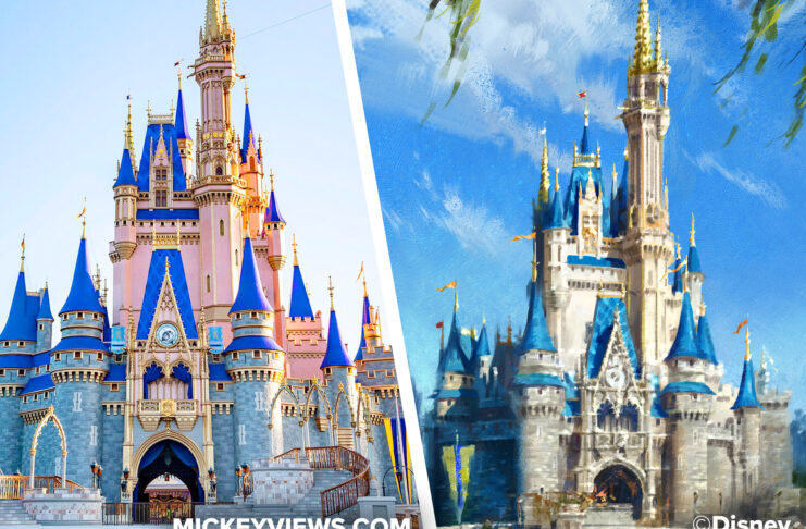 Rose Gold existing Cinderella Castle pictured on left panel of photo montage. Concept art for a more classic color scheme of grays and blues on right panel.